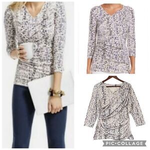 New CAbi Wrap Double Drape Tee Ivory Blue Abstract Print Top Women Large Stretch